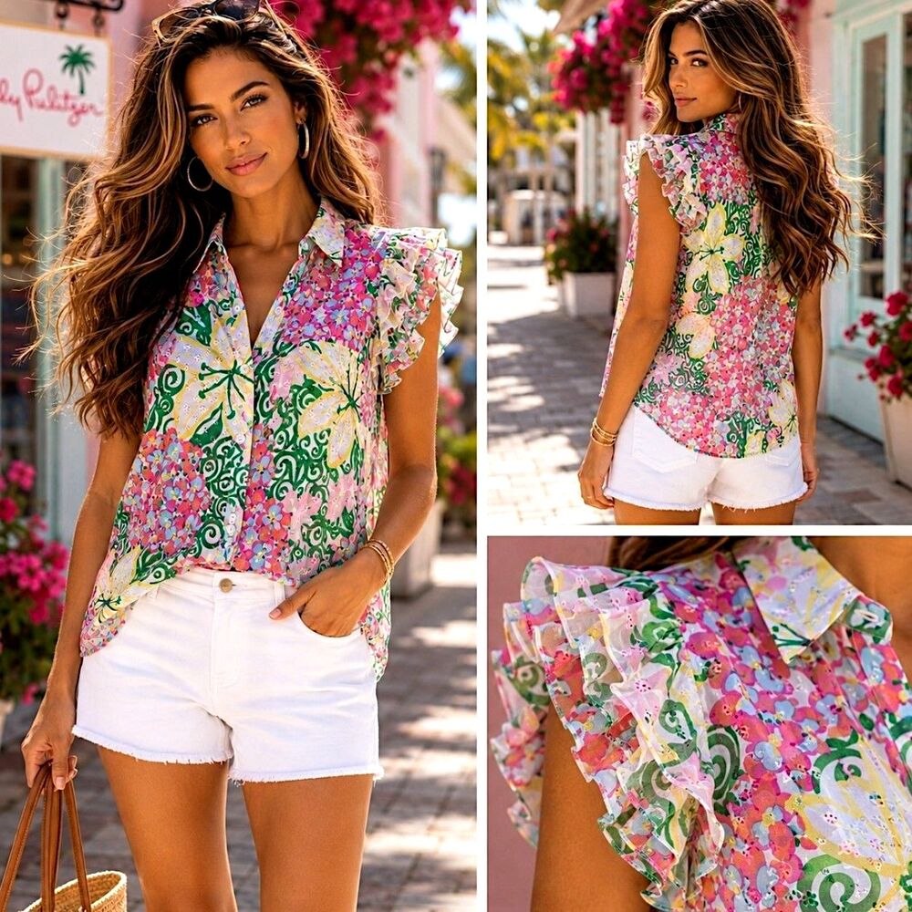 NWT Lilly Pulitzer 14 Coastal Dust Shirt Mariposa Ruffle Preppy Chic Button Top